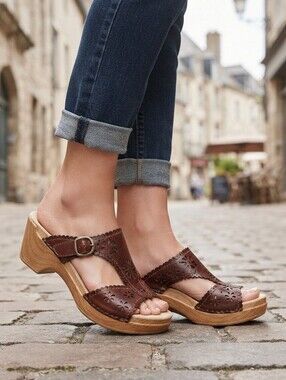 Dansko Leather Floral Cutout Buckle Slide Sandals EU 39 Comfort Clogs